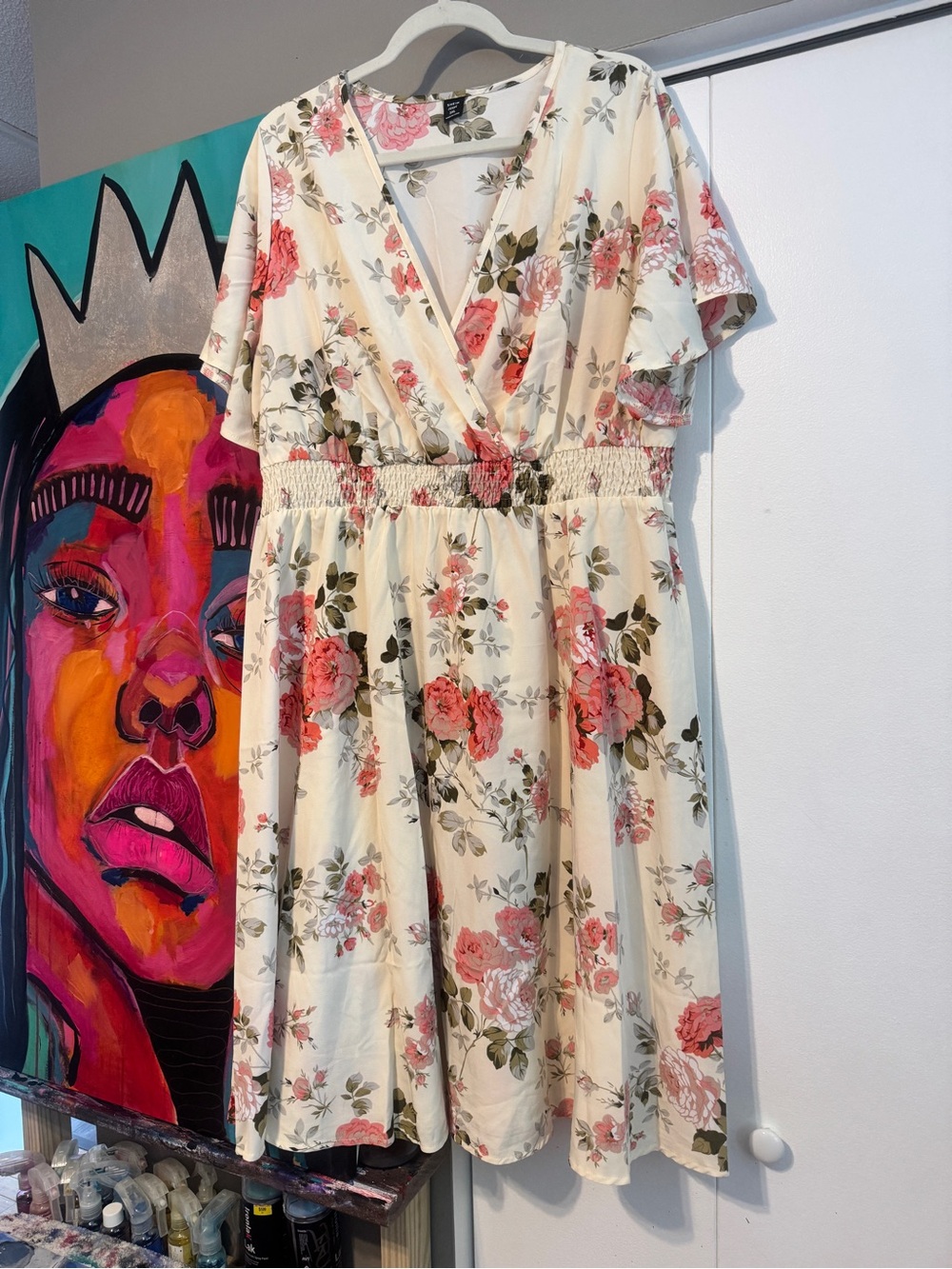 Cream Floral Midi Dress Flutter Sleeve Faux Wrap 3XL